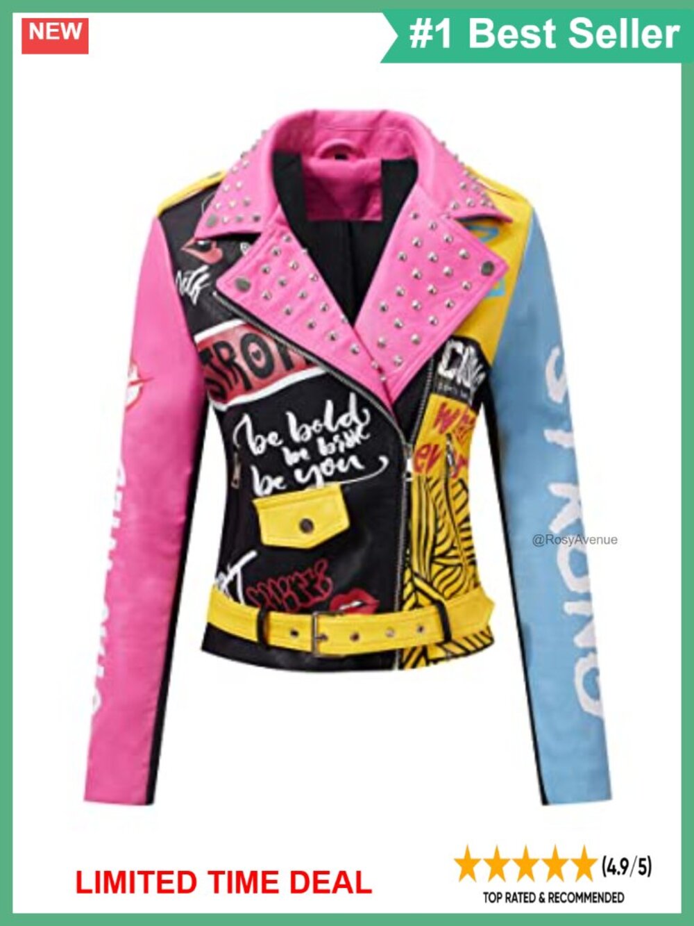 Faux Leather Studded Moto Jacket Belted Short Streetwear